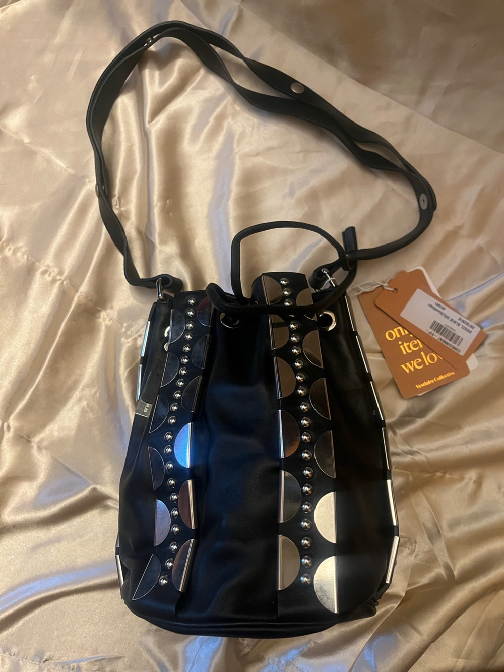 Diesel Black Gold NWT black leather hobo bucket bag with silver hardware